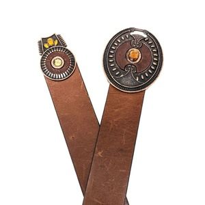 Chicos Womens Small Brown Leather Medallion Large Buckle Belt Western Boho